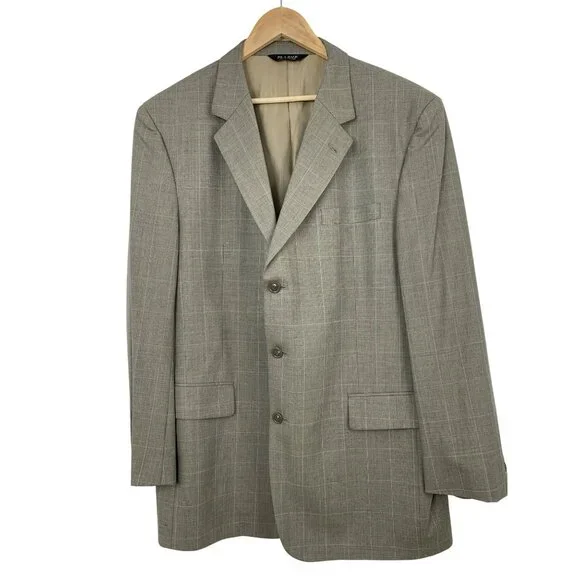 Jos A Bank Mens 3-Button Blazer Size 44L Gray Plaid Wool Sport Coat RH10468